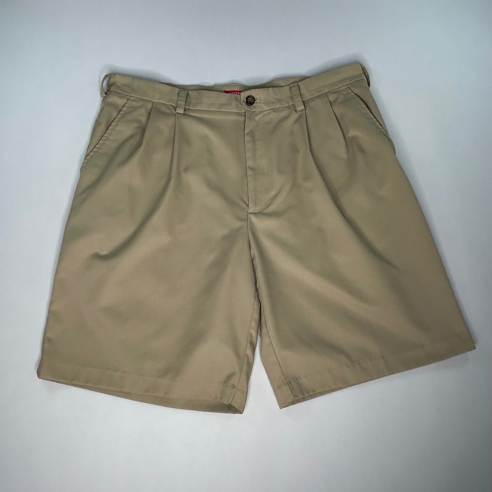 IZOD Men's Pleated Chino Shorts Khaki Tan Cotton Blend 38 Golf